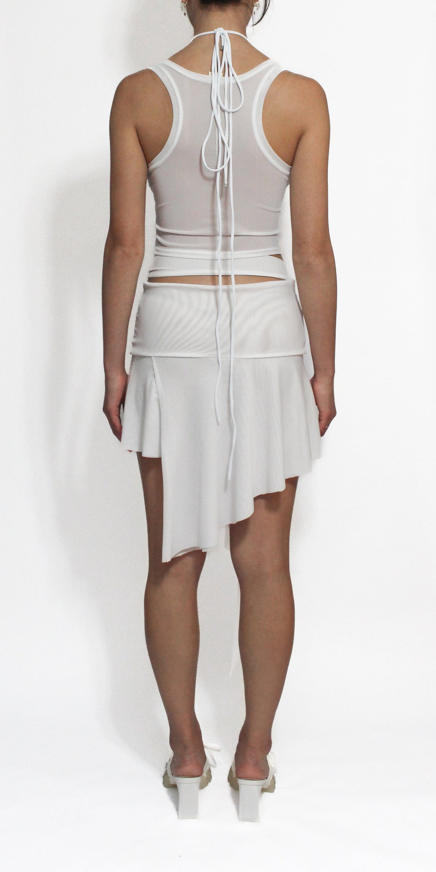 White Illusion Mesh Draped Mini Skirt-Oriens-APOC STORE