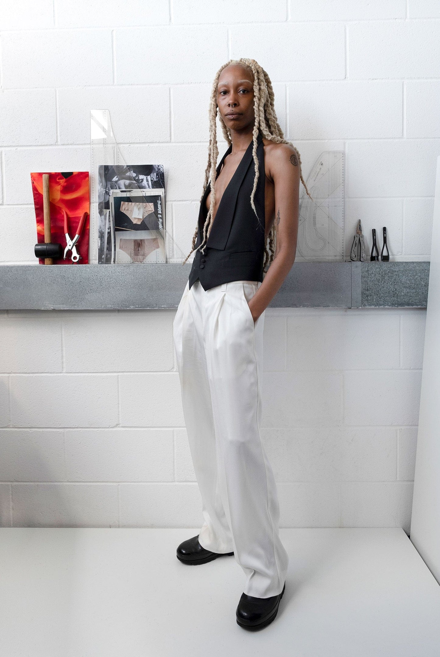 HEV - Tailored Black Open Back Waistcoat-Ella Boucht-APOC STORE