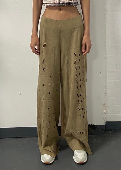 Natural Hand Dyed Triple Embroidered Trousers-Luna Del Pinal-APOC STORE
