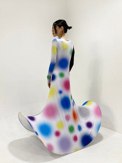Multi Gradient Dot Printed Dress with Black Sleeve Contrast-Sun Woo-APOC STORE