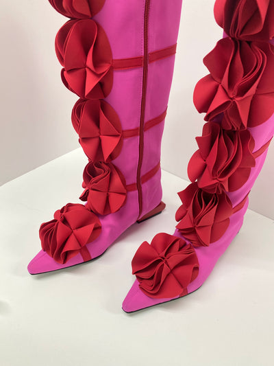 Magenta Pink Guko Knee High Neoprene Boots-Sun Woo-APOC STORE
