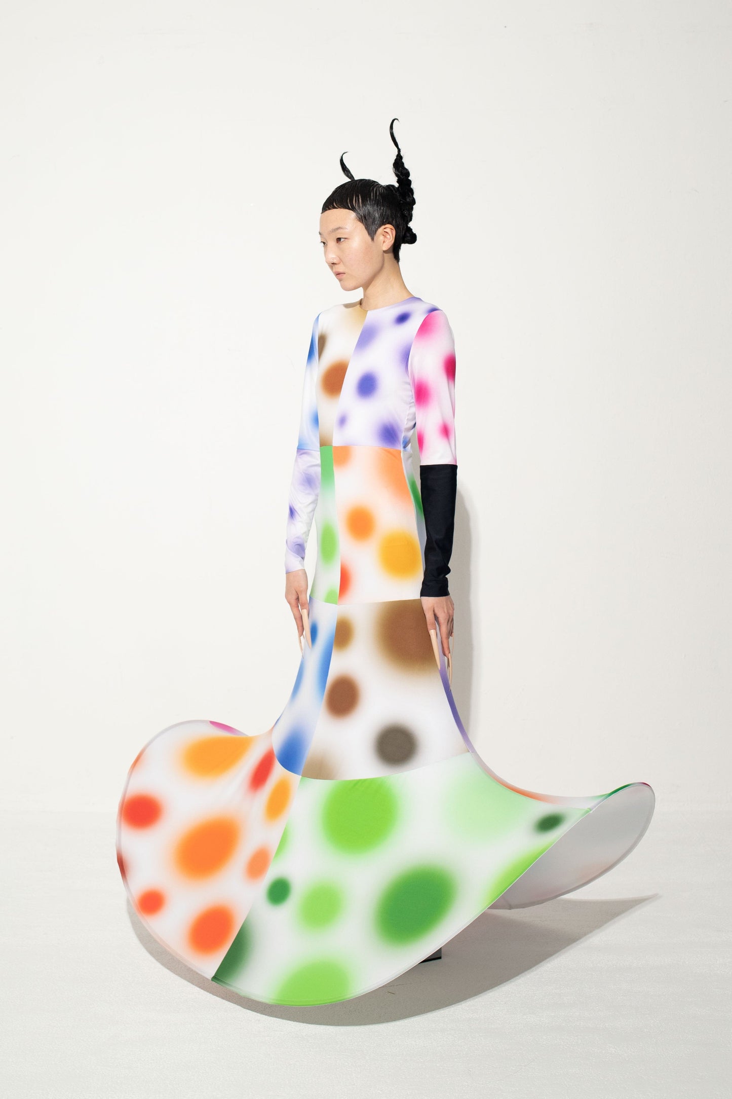 Multi Fairy Gradient Dot Printed Black Sleeve Dress-Sun Woo-APOC STORE