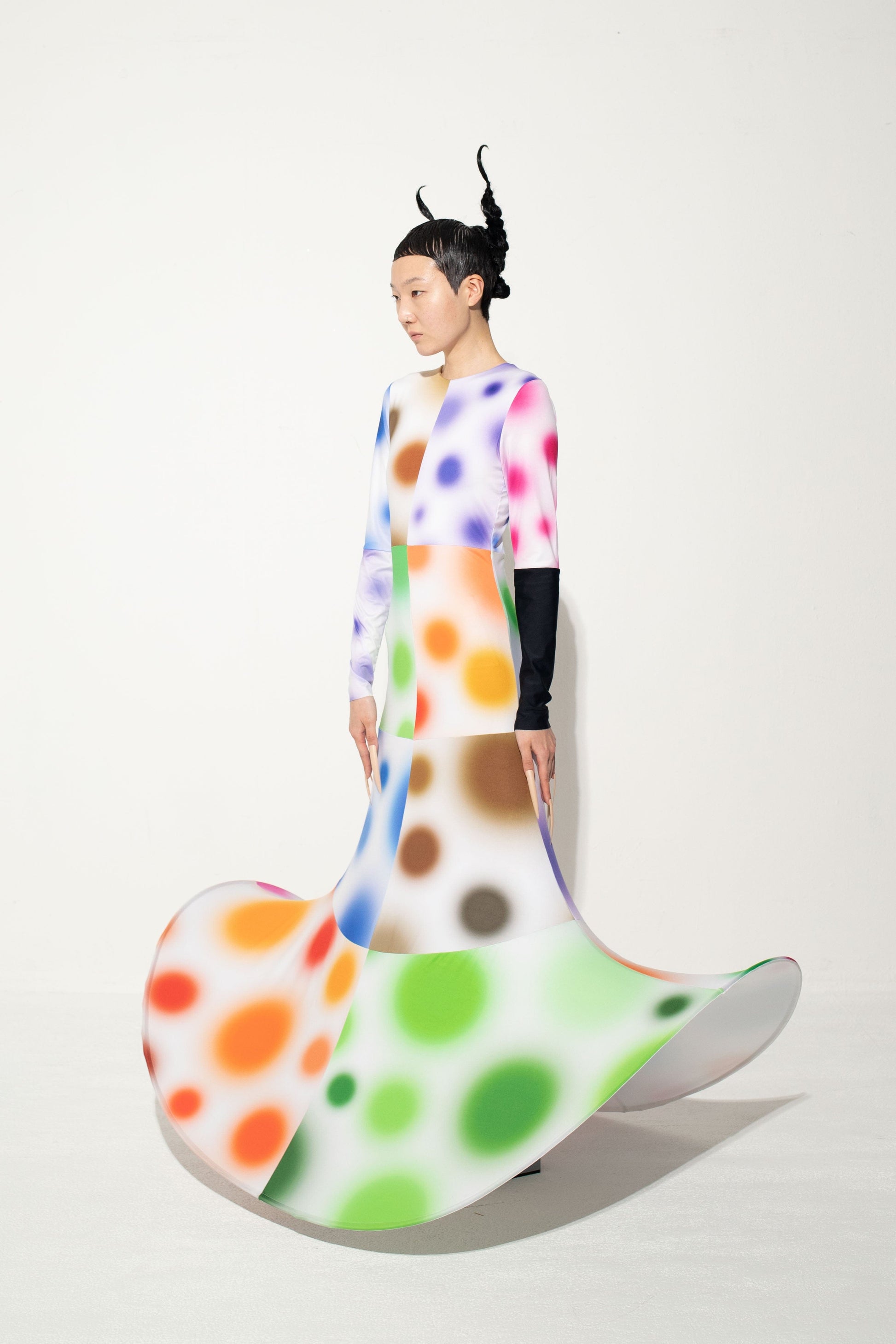 Multi Fairy Gradient Dot Printed Black Sleeve Dress-Sun Woo-APOC STORE