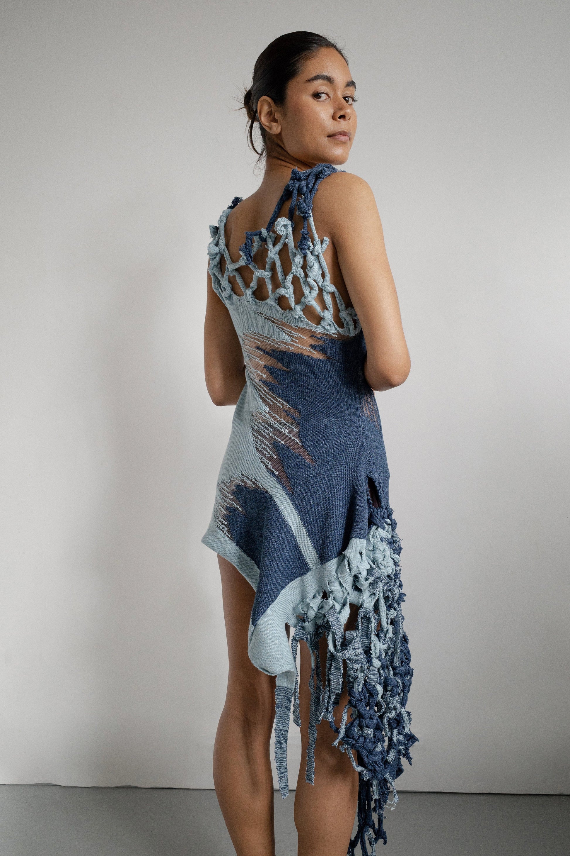 Denim Illusion Ripped Macrame Dress-Khanh Brice Nguyen-APOC STORE