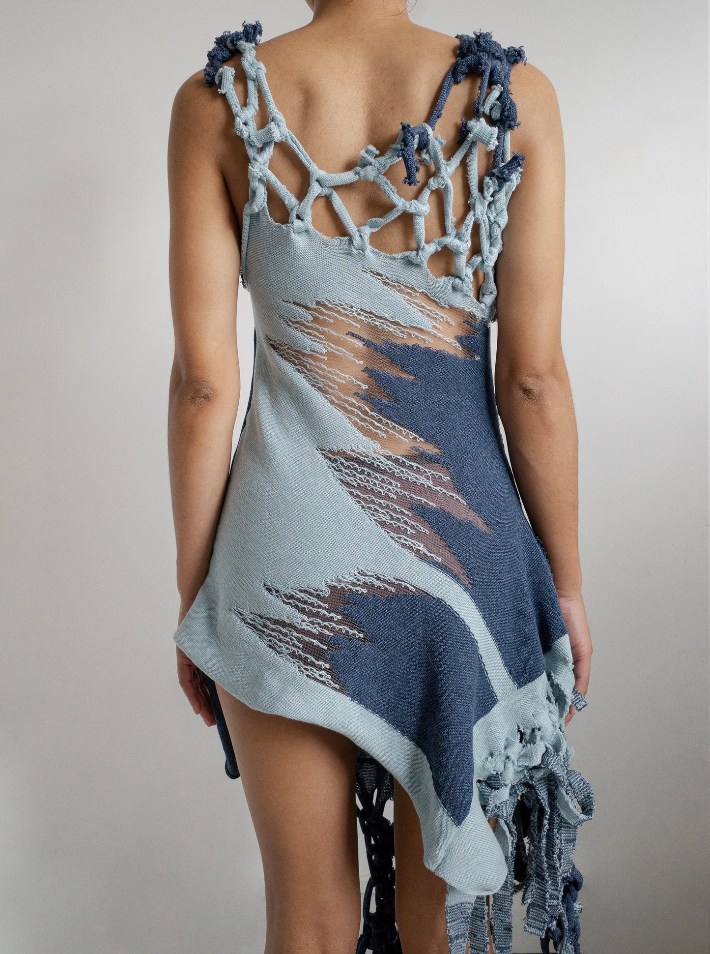 Denim Illusion Ripped Macrame Dress-Khanh Brice Nguyen-APOC STORE