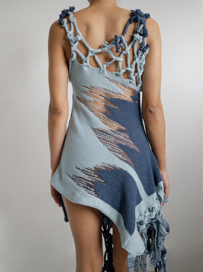 Denim Illusion Ripped Macrame Dress-Khanh Brice Nguyen-APOC STORE