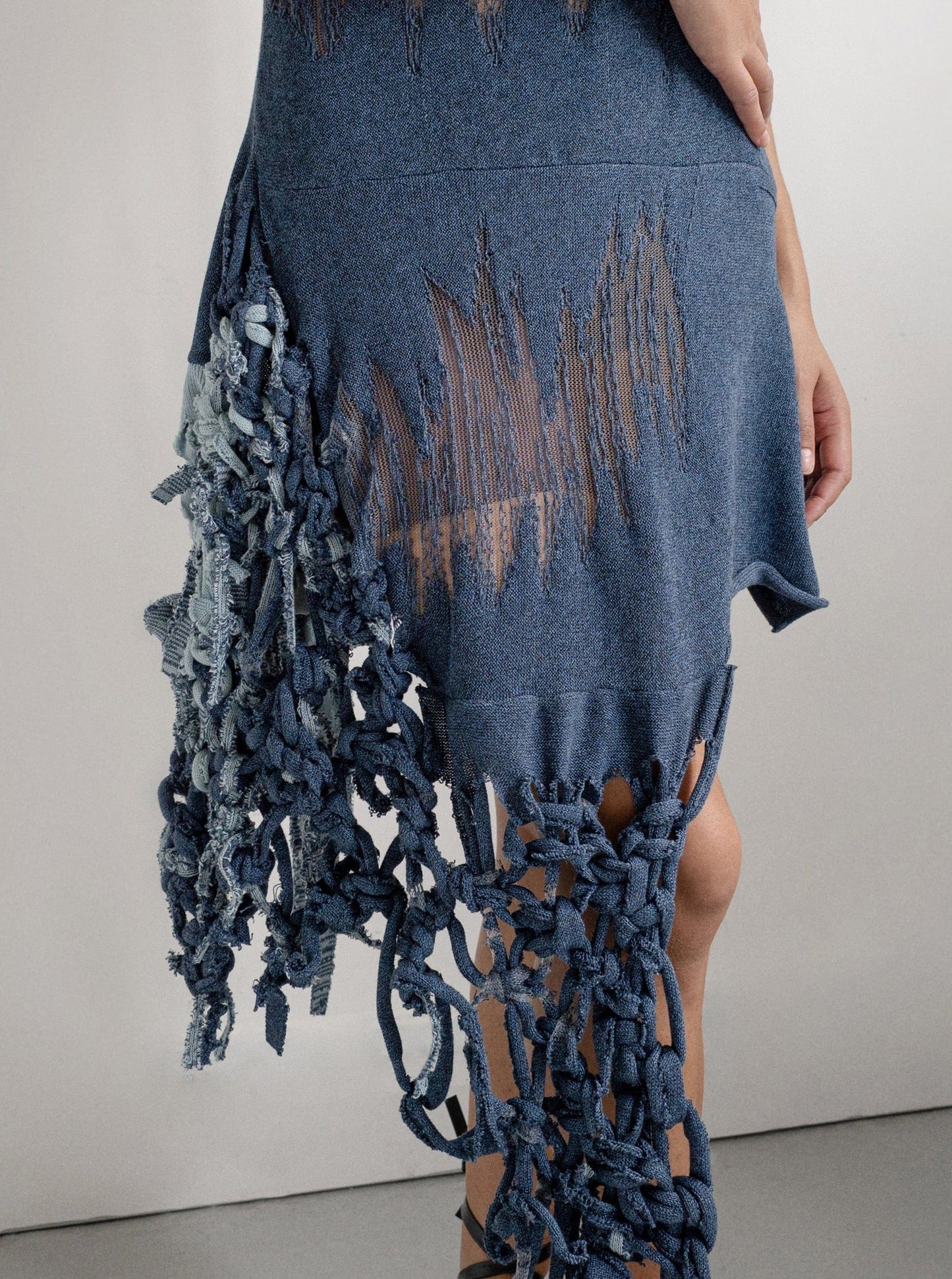 Denim Illusion Ripped Macrame Dress-Khanh Brice Nguyen-APOC STORE