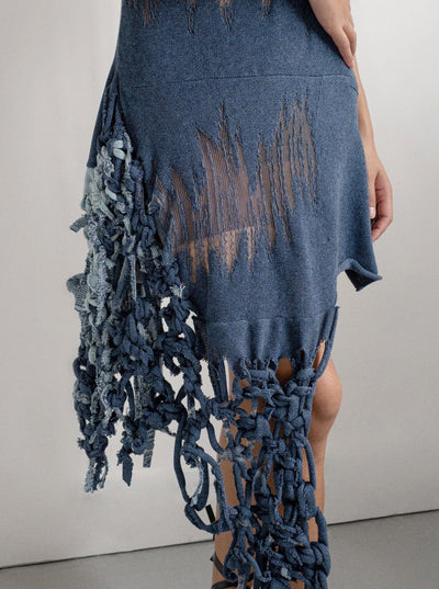 Denim Illusion Ripped Macrame Dress-Khanh Brice Nguyen-APOC STORE