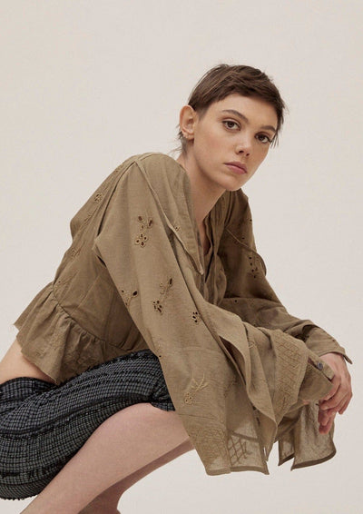 Natural Hand Dyed Triple Embroidered Prairie Top-Luna Del Pinal-APOC STORE