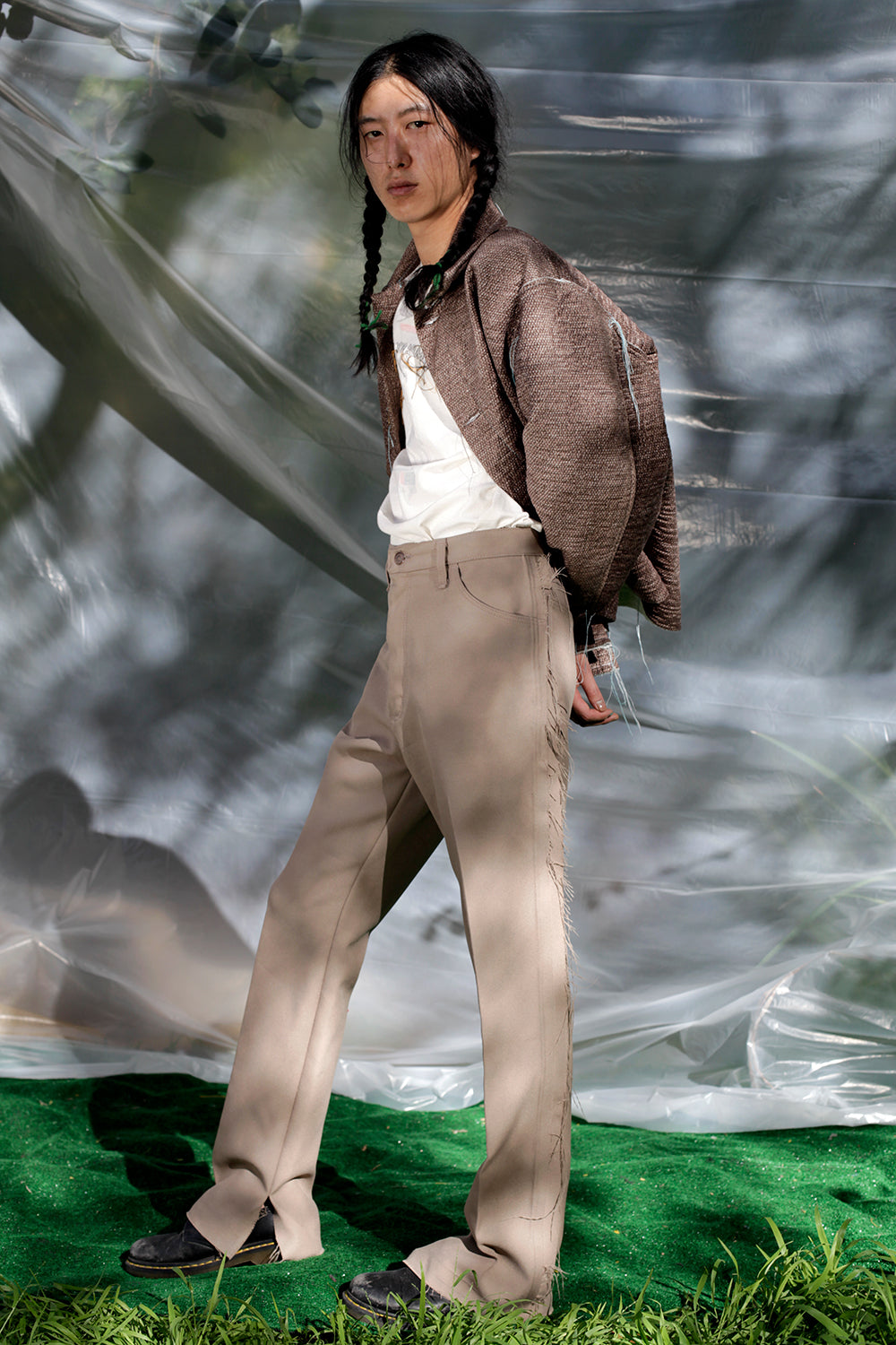 Beige Deconstructed Vintage Polyester Trousers-Jetpack Hom(m)e-APOC STORE