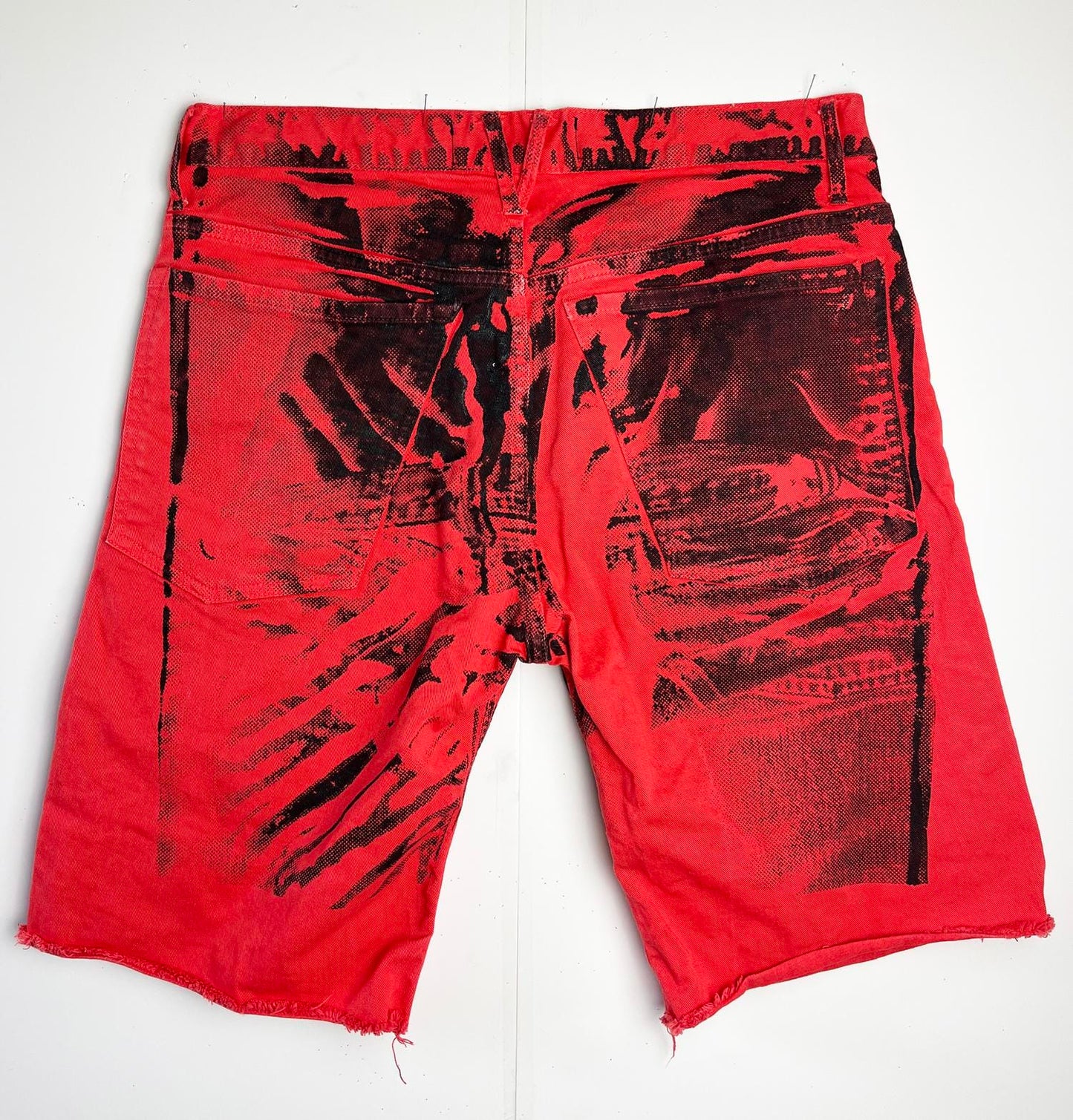 Hands On Print Red Denim Shorts-Pip Paz-Howlett-APOC STORE