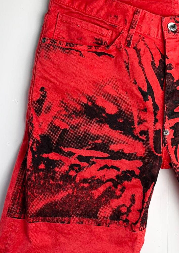 Hands On Print Red Denim Shorts-Pip Paz-Howlett-APOC STORE