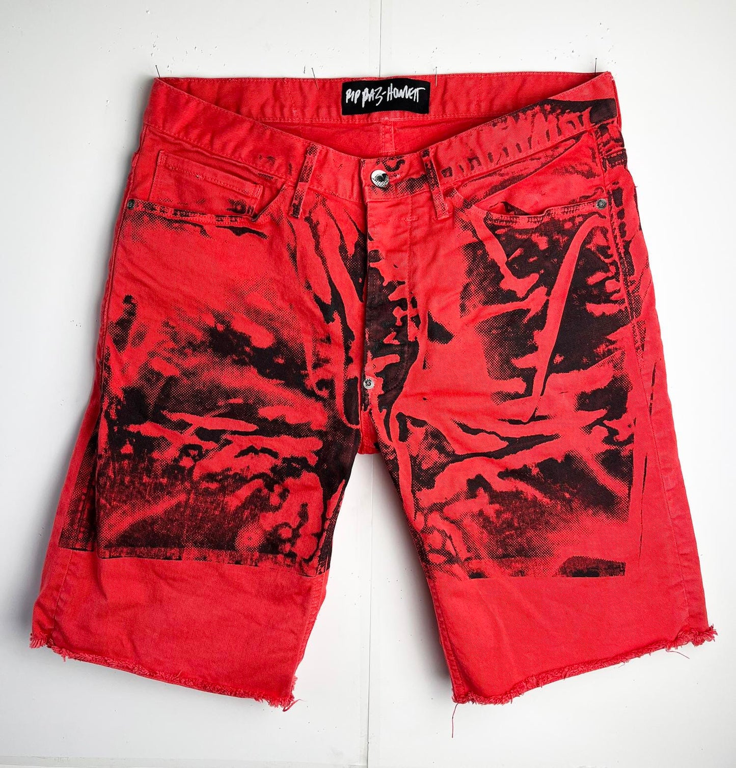 Hands On Print Red Denim Shorts-Pip Paz-Howlett-APOC STORE