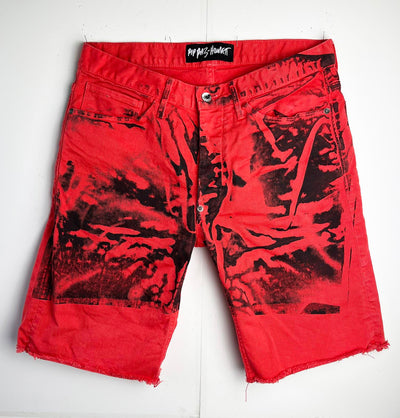 Hands On Print Red Denim Shorts-Pip Paz-Howlett-APOC STORE