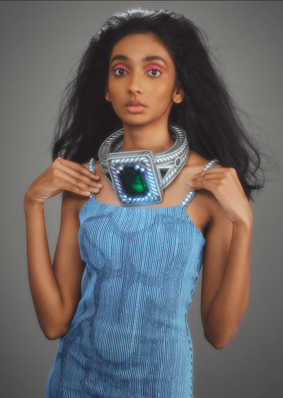 Silver Emerald Gem Neckpiece-MOTOGUO-APOC STORE