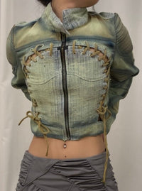 Spray painted blue & beige cropped denim jacket-YINGLIN-APOC STORE