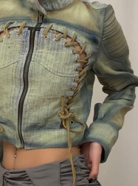 Spray painted blue & beige cropped denim jacket-YINGLIN-APOC STORE