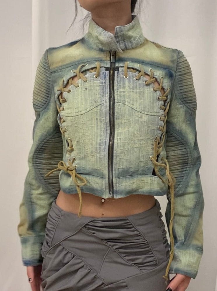 Spray painted blue & beige cropped denim jacket-YINGLIN-APOC STORE
