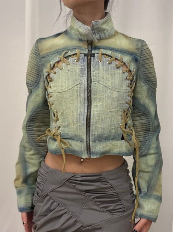 Spray painted blue & beige cropped denim jacket-YINGLIN-APOC STORE