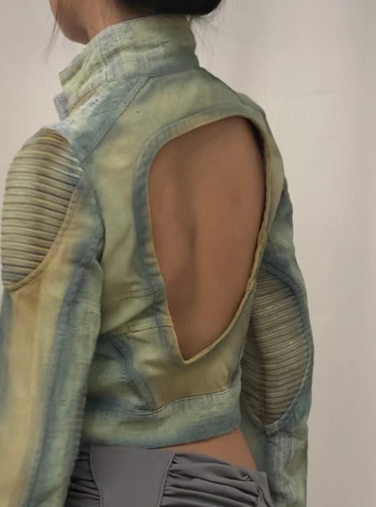 Spray painted blue & beige cropped denim jacket-YINGLIN-APOC STORE