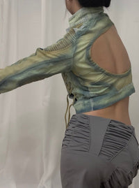Spray painted blue & beige cropped denim jacket-YINGLIN-APOC STORE
