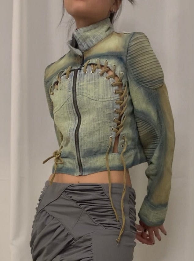 Spray painted blue & beige cropped denim jacket-YINGLIN-APOC STORE