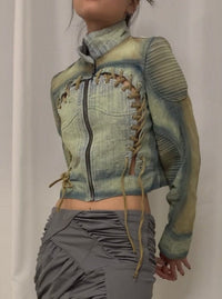 Spray painted blue & beige cropped denim jacket-YINGLIN-APOC STORE