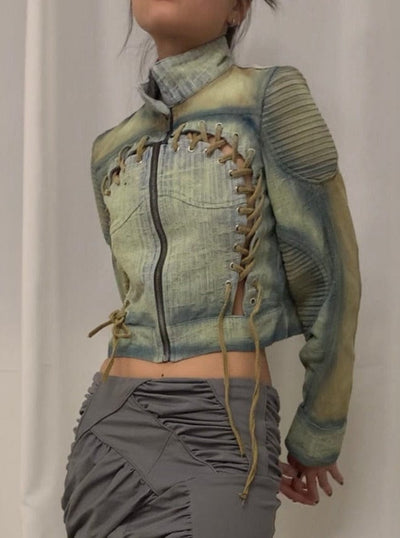 Spray painted blue & beige cropped denim jacket-YINGLIN-APOC STORE