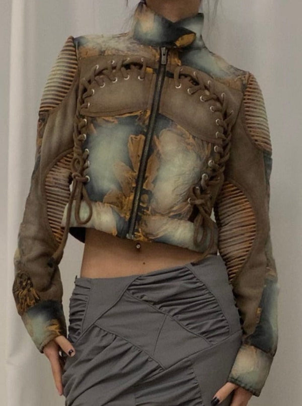 Cropped brown & yellow brocade jacket-YINGLIN-APOC STORE