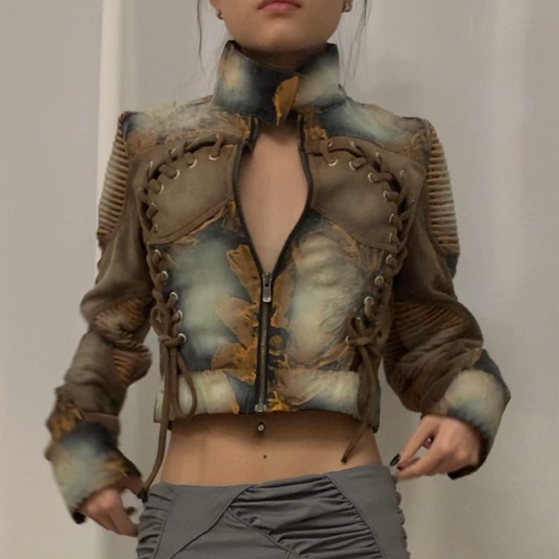 YINGLIN Cropped brown & yellow brocade jacket APOC STORE