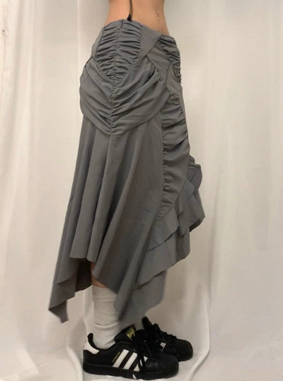 Gray Asymmetric Gathered Midi Skirt-YINGLIN-APOC STORE