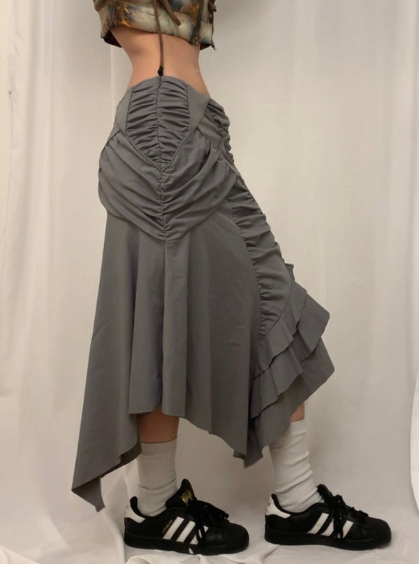 Gray Asymmetric Gathered Midi Skirt-YINGLIN-APOC STORE