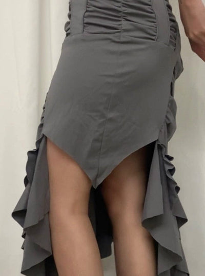 Gray Asymmetric Gathered Midi Skirt-YINGLIN-APOC STORE