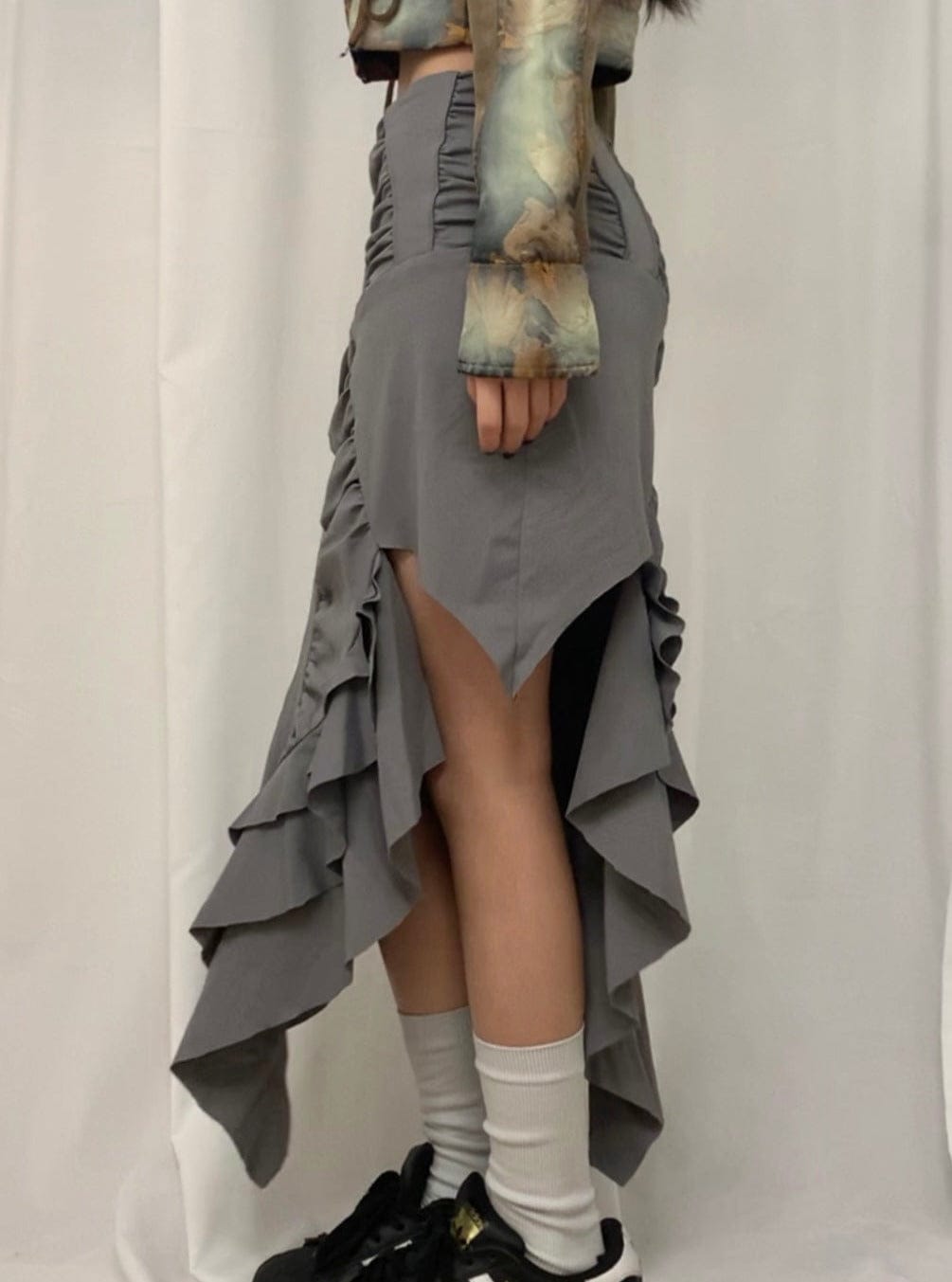 Gray Asymmetric Gathered Midi Skirt-YINGLIN-APOC STORE