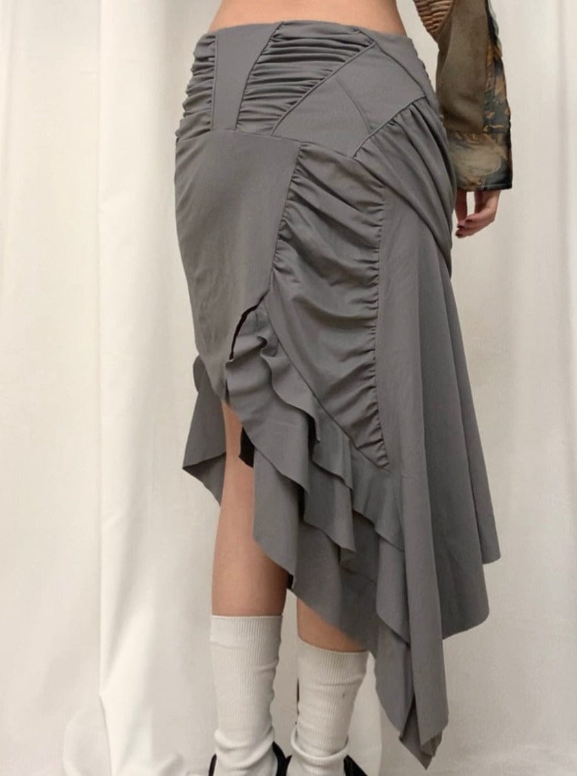Gray Asymmetric Gathered Midi Skirt-YINGLIN-APOC STORE