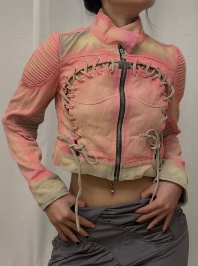Spray painted pink and gray cropped denim jacket-YINGLIN-APOC STORE