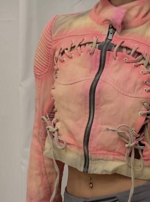Spray painted pink and gray cropped denim jacket-YINGLIN-APOC STORE
