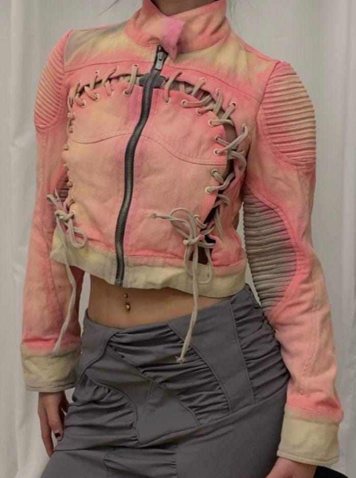 Spray painted pink and gray cropped denim jacket-YINGLIN-APOC STORE