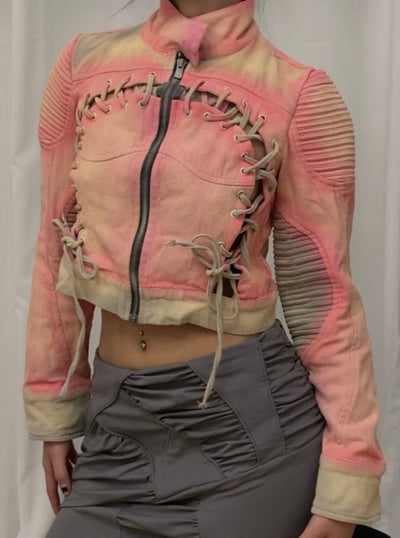 Spray painted pink and gray cropped denim jacket-YINGLIN-APOC STORE