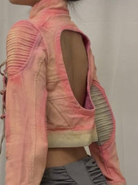 Spray painted pink and gray cropped denim jacket-YINGLIN-APOC STORE