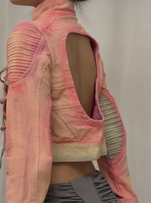 Spray painted pink and gray cropped denim jacket-YINGLIN-APOC STORE