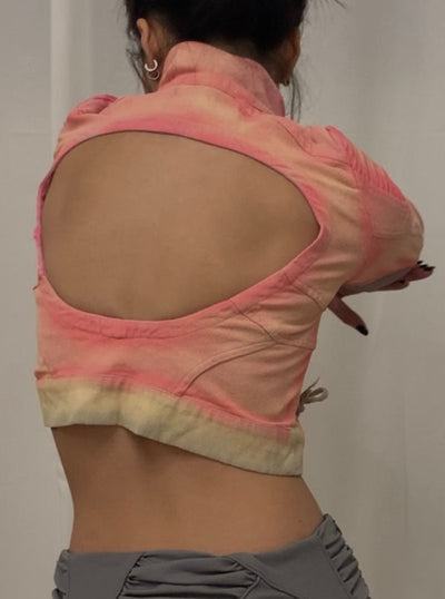 Spray painted pink and gray cropped denim jacket-YINGLIN-APOC STORE