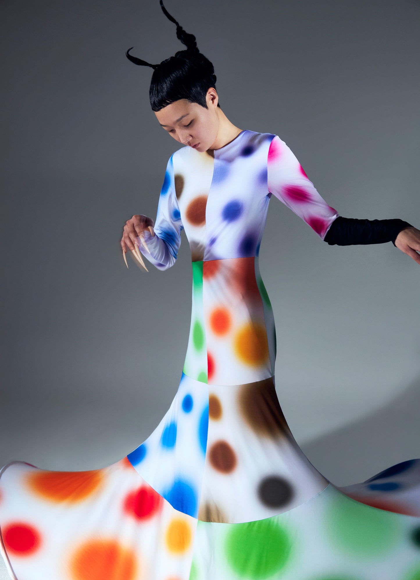 Multi Fairy Gradient Dot Printed Black Sleeve Dress-Sun Woo-APOC STORE